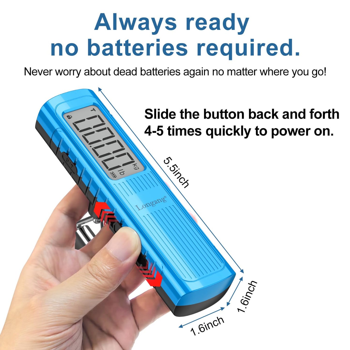 Battery-Free Digital Luggage Scale, 110lbs/50kg Portable Handheld Hanging Scale for Luggages, Suitcases, Backpacks & Bags, Easy Weighing for Travel, No Need Batteries (Blue)