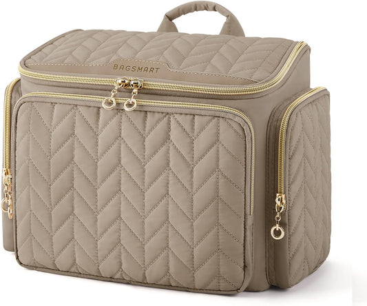 BAGSMART Travel Toiletry Bag, Large Wide-open Travel Bag for Toiletries, Makeup Cosmetic Travel Bag with Handle-Camel
