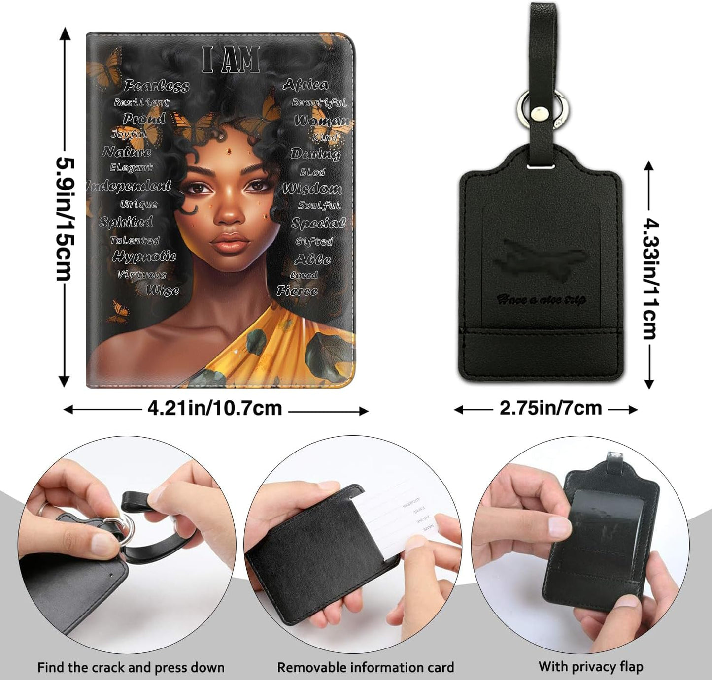 Passport Holder Women Wallet with Luggage Tag, Leather Passport Cover with RFID Blocking, Travel Accessories Multi Card Slot Passport Case for Men，African American Girl
