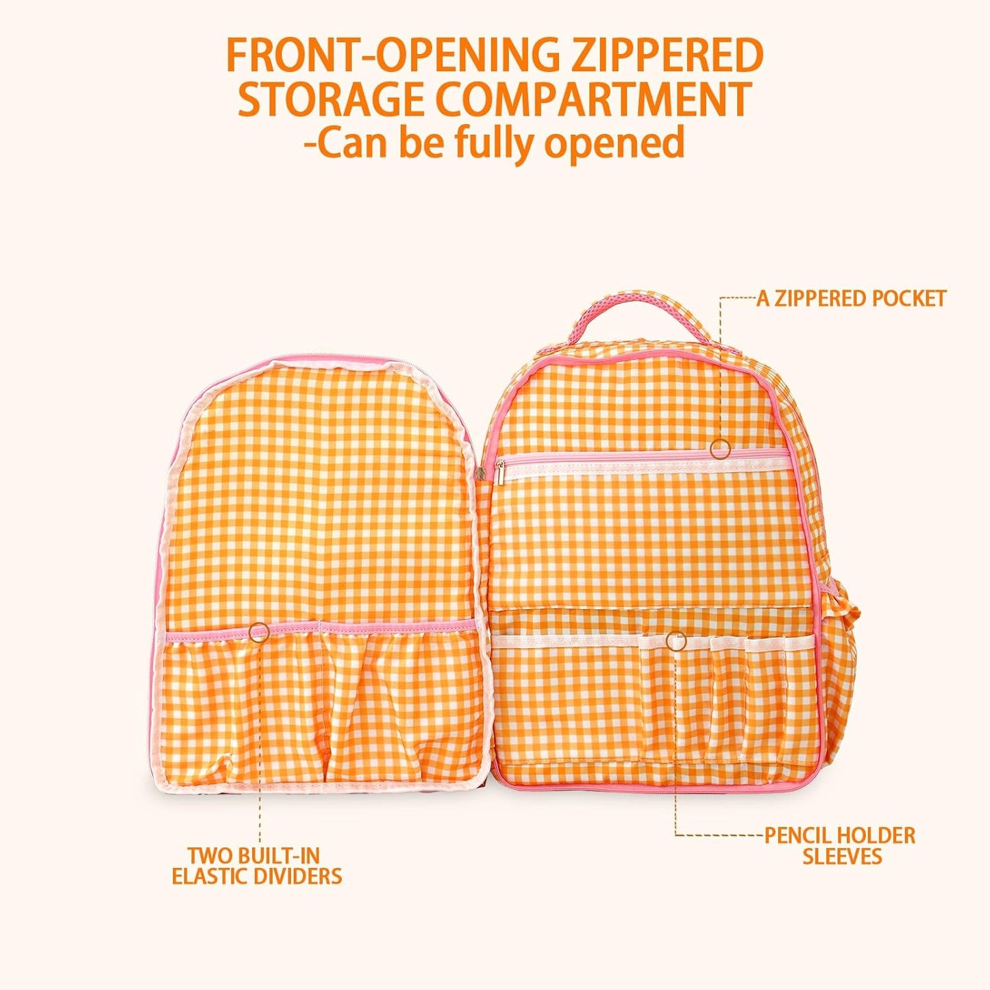 DYSHAYEN Kids Backpack for Girls, 15" Ruffled Backpack for School Kindergarten Bookbag 5-8, Fully Opened Compartment (Orange Gingham)