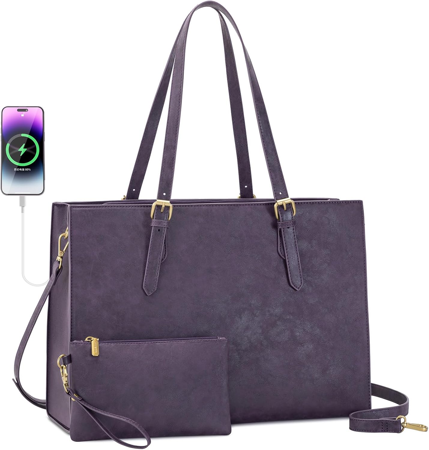 LOVEVOOK Laptop Bag for Women, 15.6 Inch Large Waterproof Leather Work Briefcase with USB Charging Port Casual Computer Shoulder Bag Messenger, Fashion Business Office Tote Handbag Purse, Purple