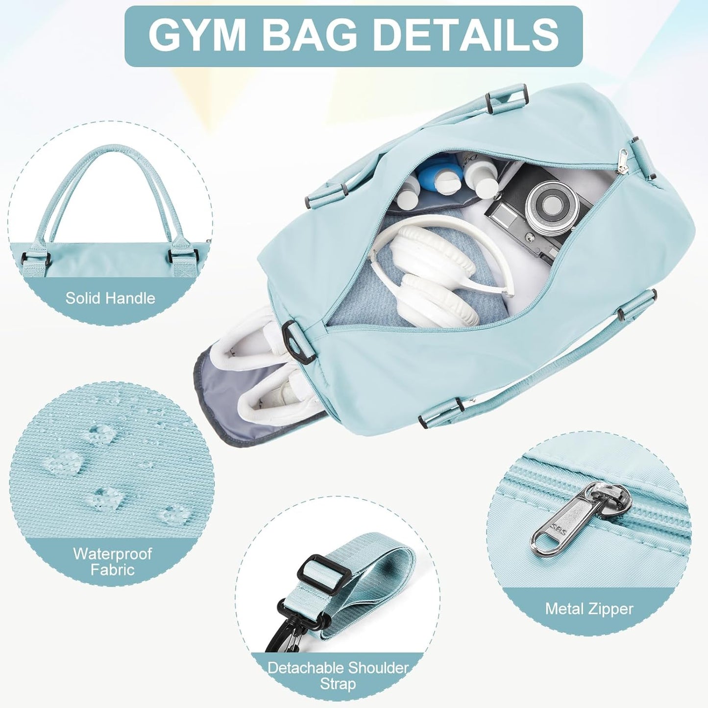 Gym Bag for Women Men with Shoes Compartment,Sports Duffle Bag Personal item travel Duffel Bags Tote Bag Small Carry on Weekender Overnight Bag Workout Dance Bag Hospital Holdalls Light Blue