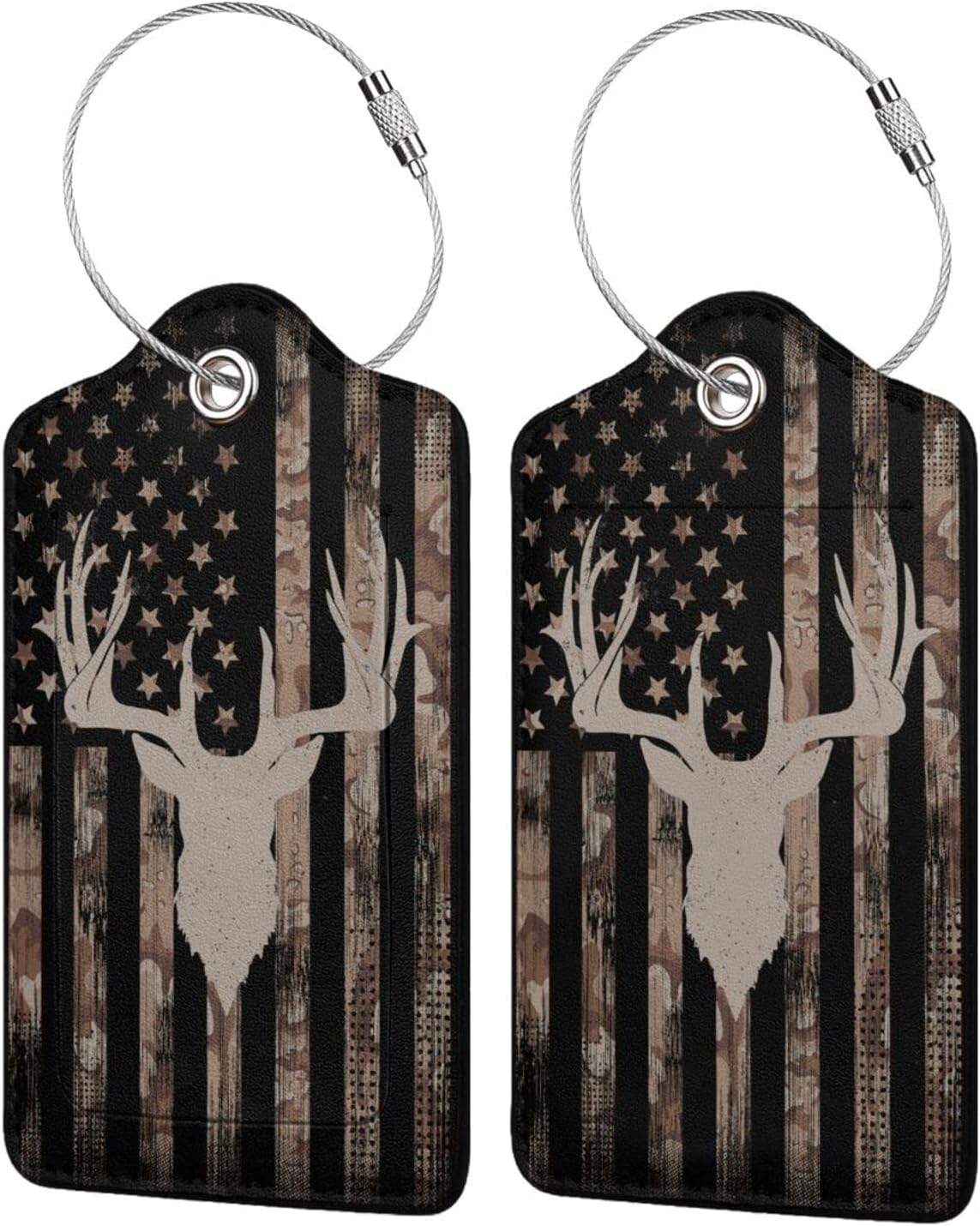 Camo Deer Hunting 2 Pcs Luggage Tags, Privacy Cover Id Label with Stainless Steel Loop and Address Card for Suitcases & Travel Bags
