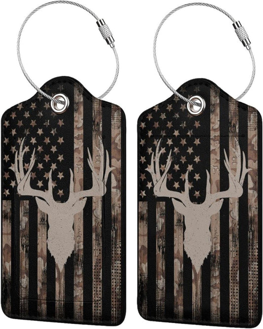 Camo Deer Hunting 2 Pcs Luggage Tags, Privacy Cover Id Label with Stainless Steel Loop and Address Card for Suitcases & Travel Bags