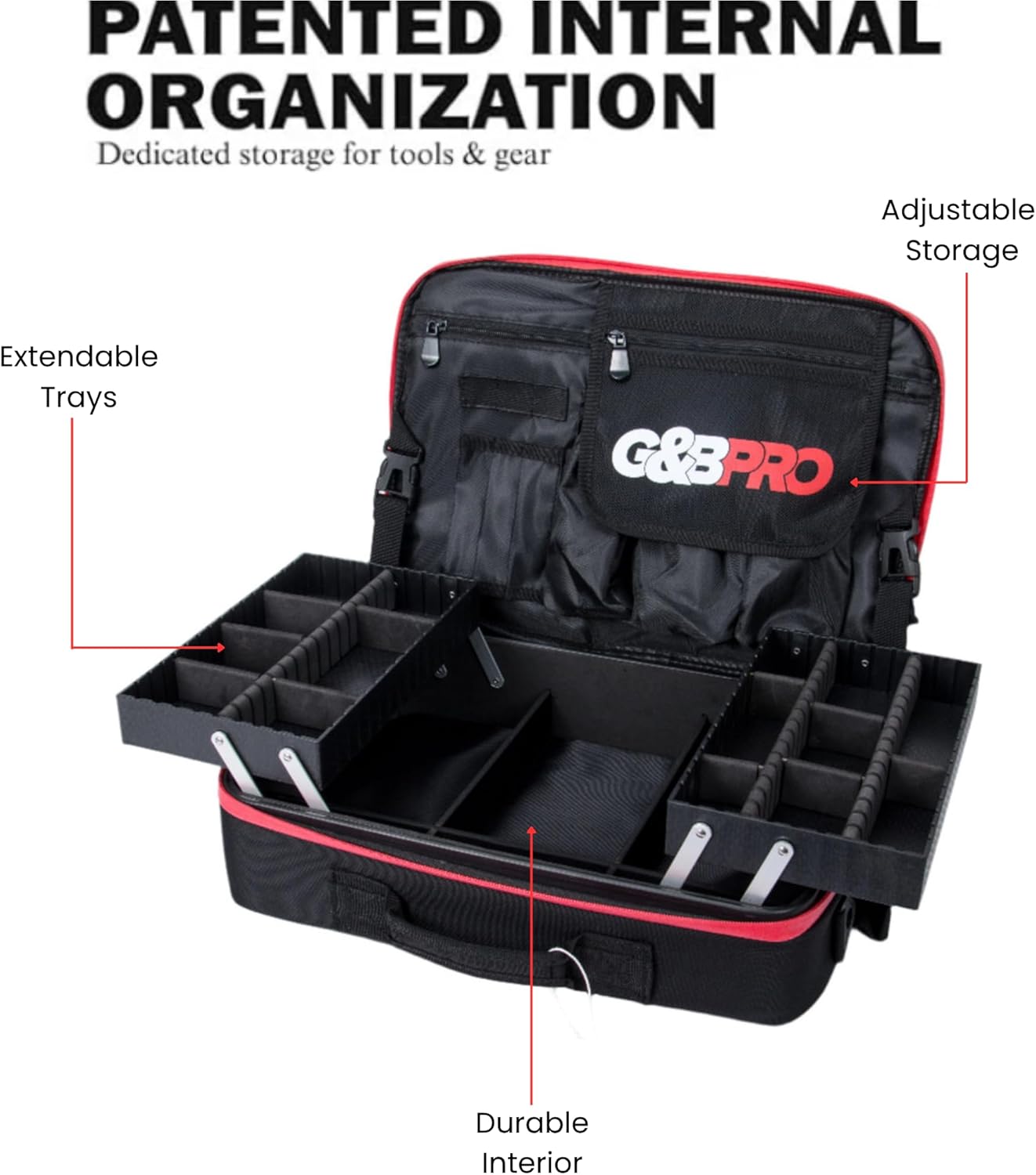 G&BPRO Crossbody Briefcase with Extending Tray System | All-in-One Mobile Workstation Laptop Travel Bag with Expandable Storage & Organizer Compartments - Black With Red Zipper