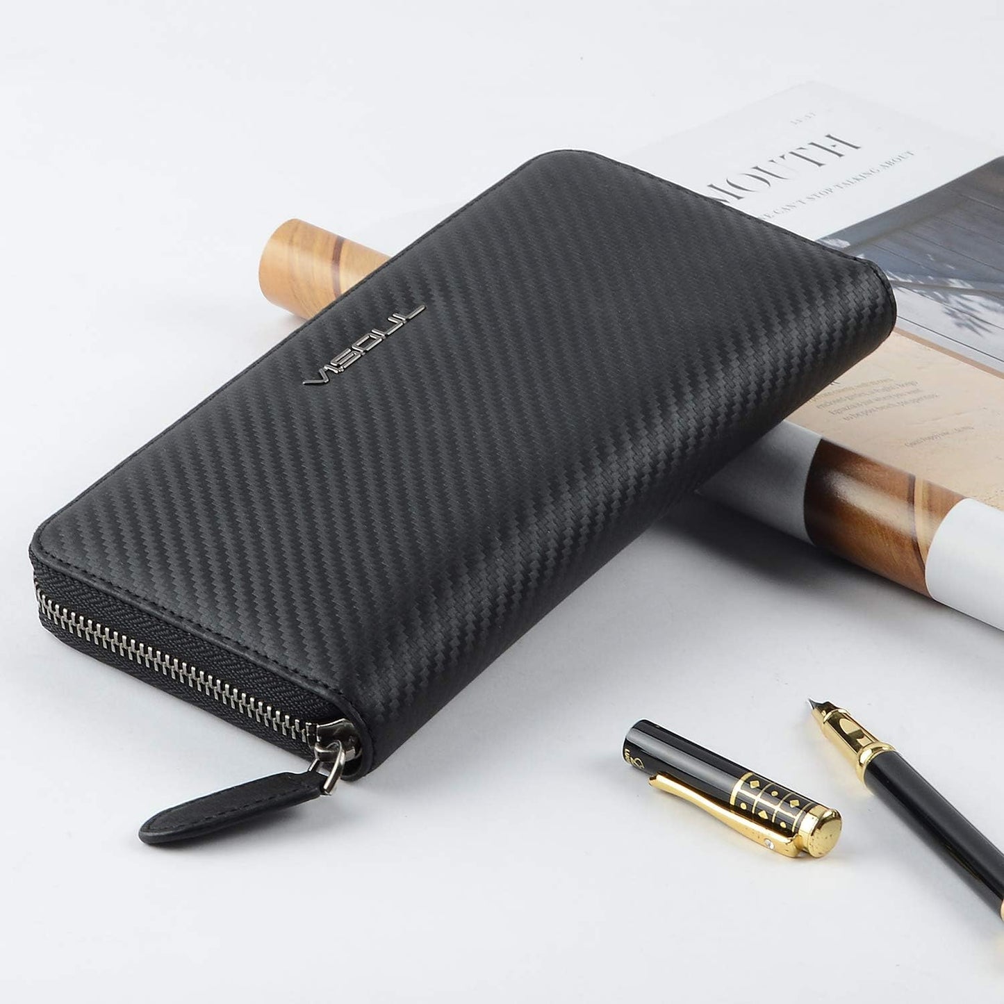 VISOUL Leather Long Zippered Pouch Wallet for Men with RFID Blocking Two-tone, Large Carbon Fiber Leather Clutch Cash Long Wallet with Zipper (Black+Orange)