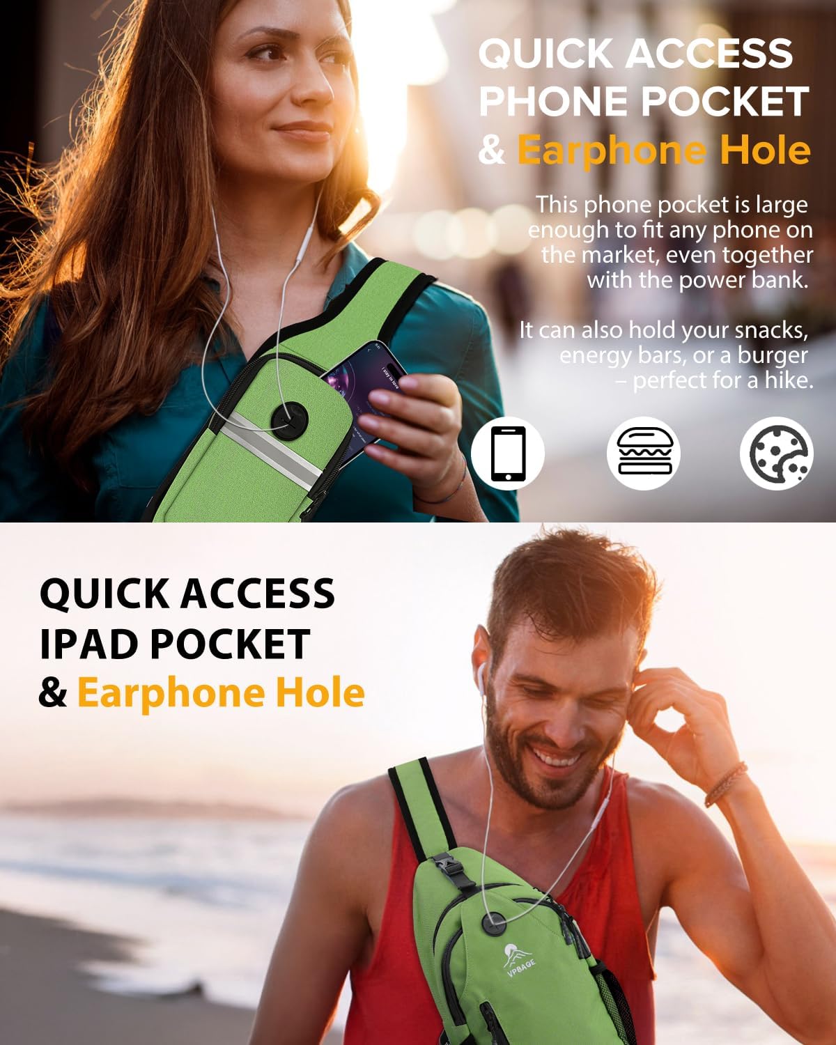 Sling Bag, Crossbody Bag for Men, Cross Body Hiking Backpack, Travel Daypack, Chest Pack with Chest Phone Holder