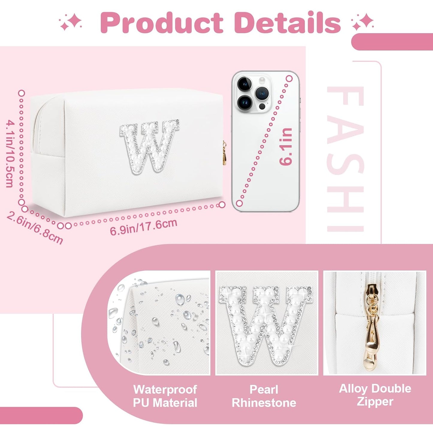 Bride Gifts – Personalized Initial Makeup Bag with Pearl Rhinestone Patch, Preppy White Monogram Cosmetic/Toiletry Pouch, bridesmaid Gifts, Bridal Shower Gifts, Wedding Gifts, Bridal Gifts,W