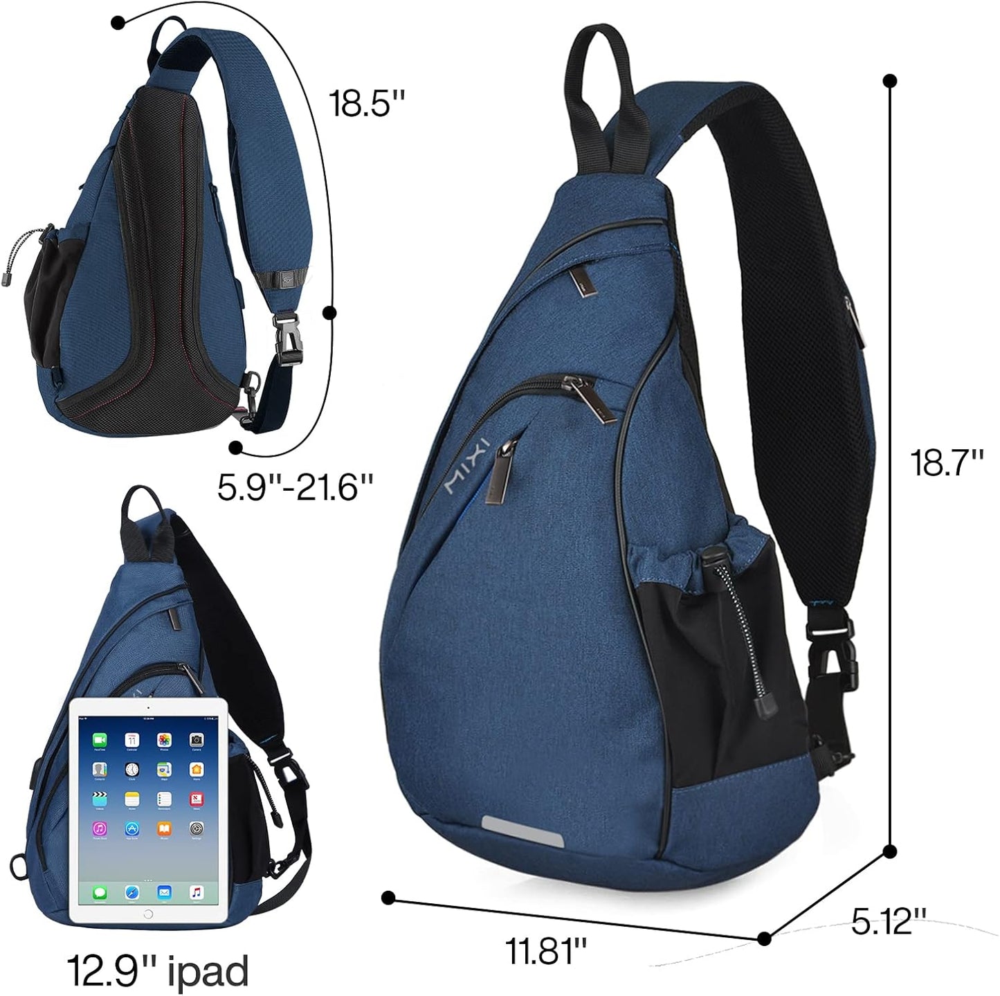 mixi Sling Bag Men Backpack Unisex One Shoulder Bag Hiking Travel Backpack Crossbody with USB Port