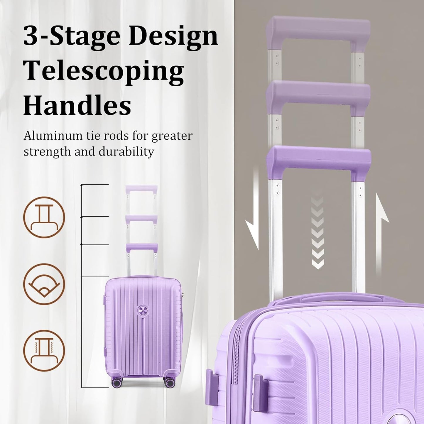 Joyway Suitcase Set 3 Piece Luggage Sets with TSA Lock, PP Hardside Carry on Luggage Set, Travel Lightweight Suitcases with Wheels, Light Purple