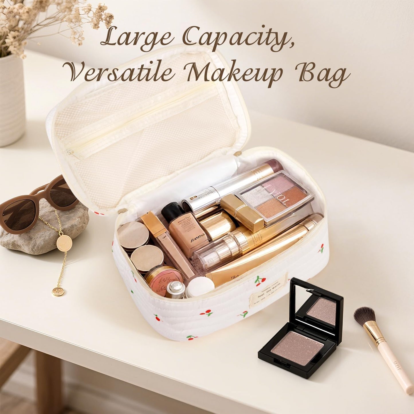 3Pcs Cotton Quilted Makeup Bag for Women Girls, Large Floral Cosmetic Bag Set Cute Makeup Brushes Aesthetic Accessories Storage Bag Cherry Travel Toiletry Bag Organizer
