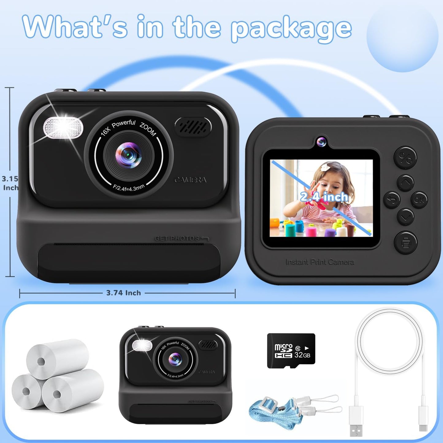 Instant Print Camera for Kids,2.4 Inch Screen Kids Instant Cameras, Christmas Birthday Gifts for Girls Age 3-12, Portable Toddler Toy for 3 4 5 6 7 8 9 10 Year Old Girls Boys，Black