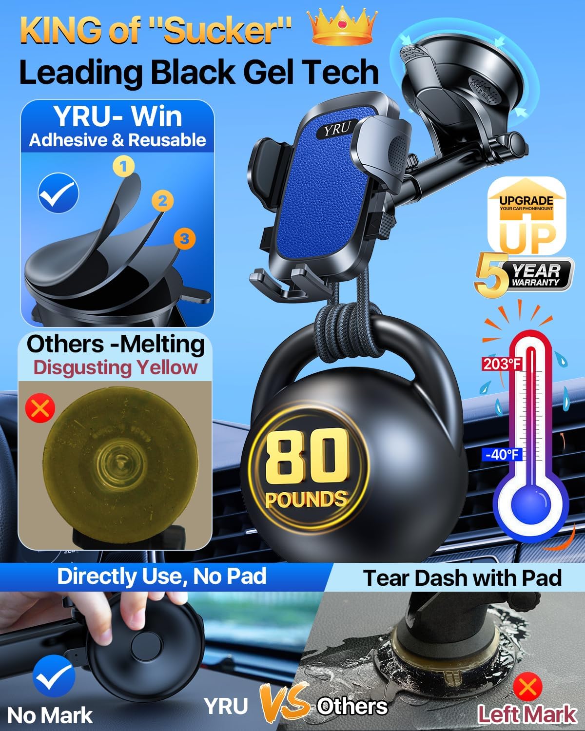 YRU [True Upgrade for Safety] Car Phone Holder Mount [Patent & Military-Grade] Dashboard Cell Phone Holder for Car Vent Windshield Phone Stand for iPhone 17 16 15 14 13 Pro Max Truck Samsung, Blue