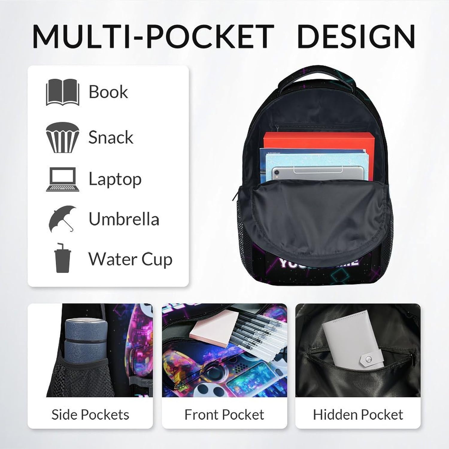 COZYAURA Personalized Backpacks for Boys - 3Pcs Video Gaming Bookbag for Kids - Gamer School Bag