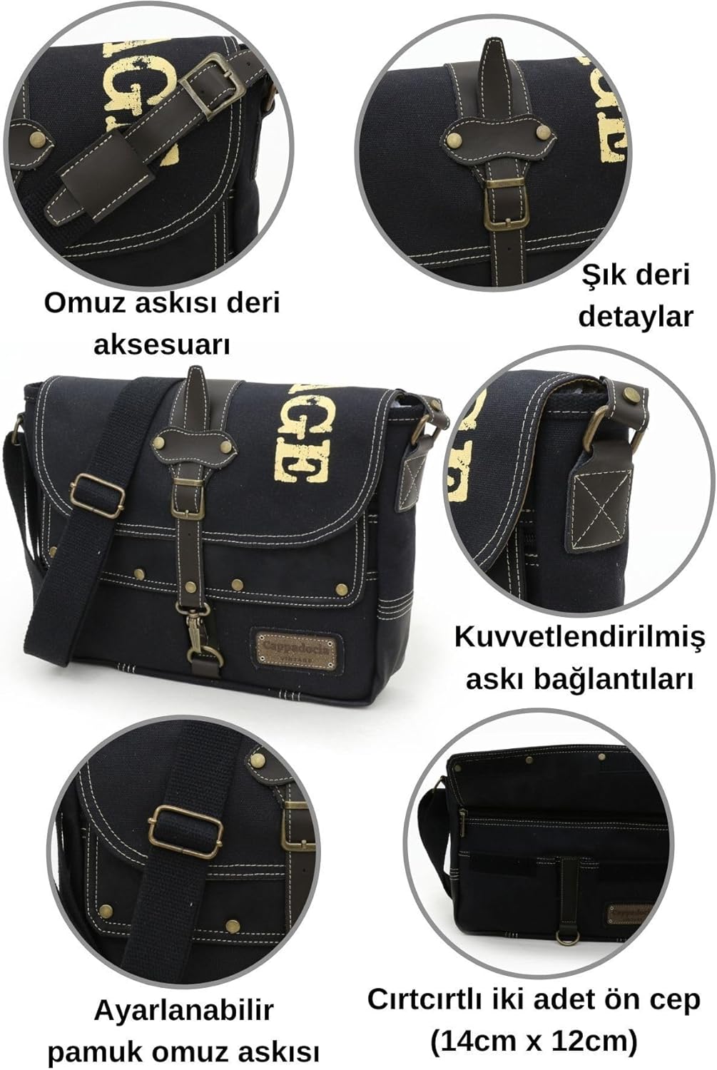 Antiochia 4046 Messenger Bag, Leather Detailed Shoulder Laptop Bag, Unisex Style for Daily, Travel