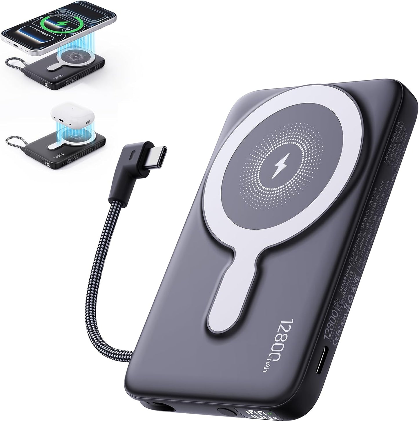 2025 Updated M3 Ultra Slim 0.4'' Wireless Power Bank, 12800mAh Magnetic Portable Charger with Built in Cable and Strap, LED Battery Pack Travel Essentials for iPhone 16/15/14/13/12/Pro/Pro Max Andriod