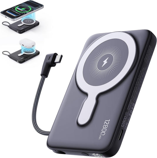 2025 Updated M3 Ultra Slim 0.4'' Wireless Power Bank, 12800mAh Magnetic Portable Charger with Built in Cable and Strap, LED Battery Pack Travel Essentials for iPhone 16/15/14/13/12/Pro/Pro Max Andriod