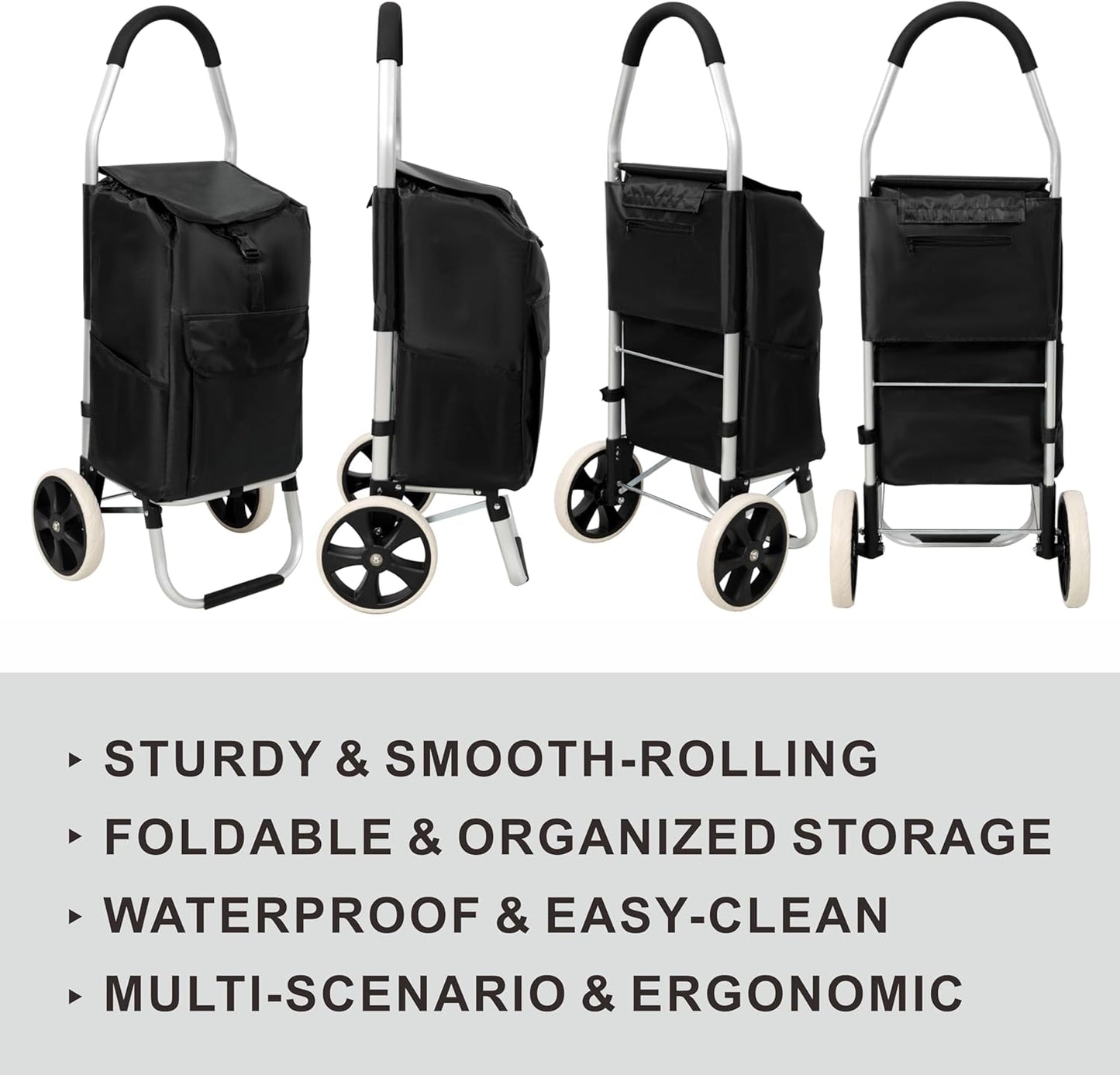 Heavy Duty Foldable Shopping Trolley with Wheels Oxford Waterproof Cart Removable Bag for Groceries Laundry Travel (Black-2 Wheels)