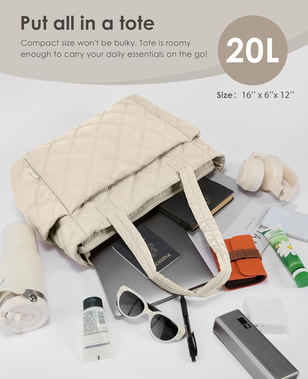 Tote Bag for Women, Lightweight Puffer Tote Work Bags with Compartments for Travel, Quilted Shoulder Bag with Zipper