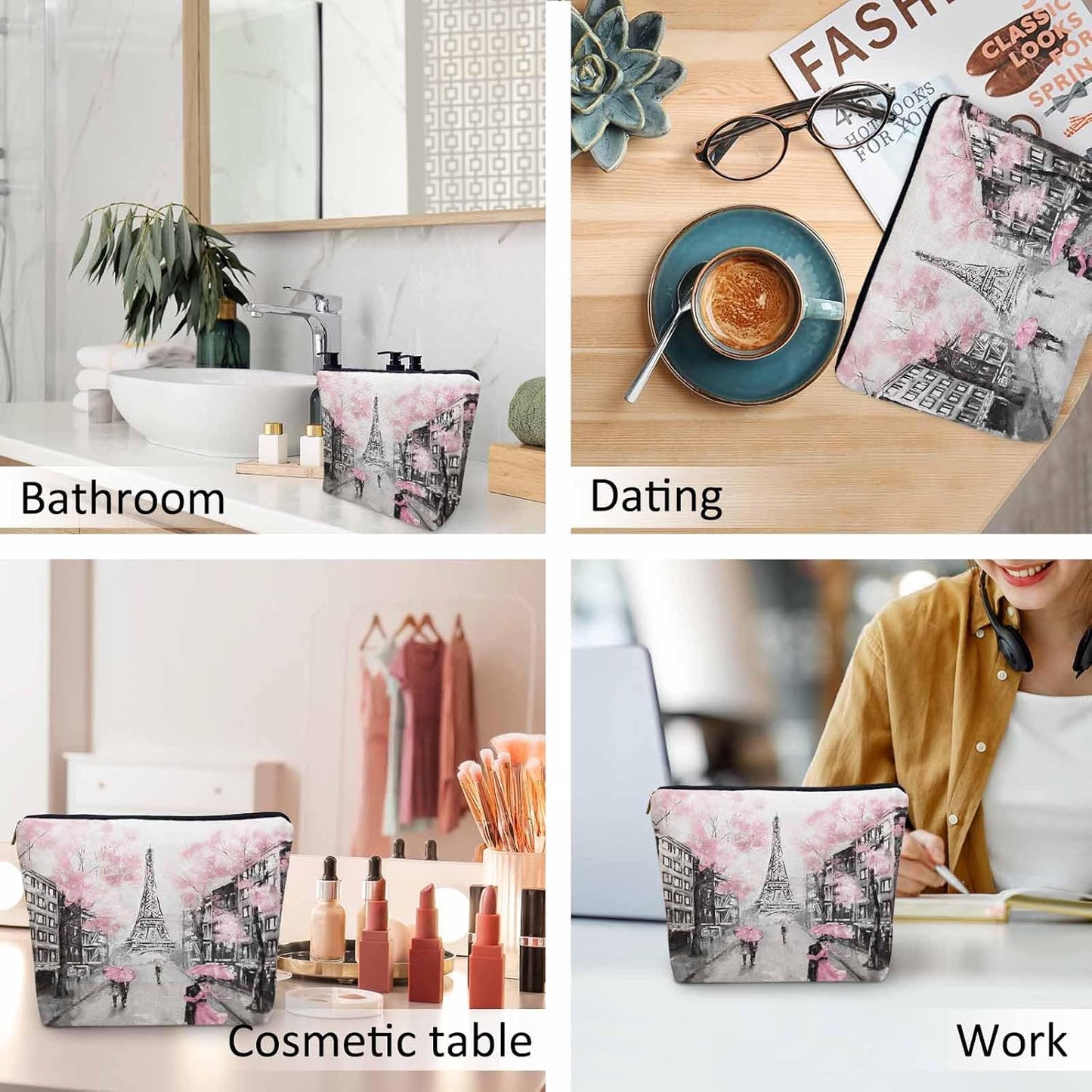 Woman Makeup Bag Paris, France Lovers Couple Eiffel Tower Cherry Pink Makeup Bags Travel Cosmetic Bags Toiletry Makeup Organizer Pencil Pouch Makeup Cosmetic Bag For Owners Lady