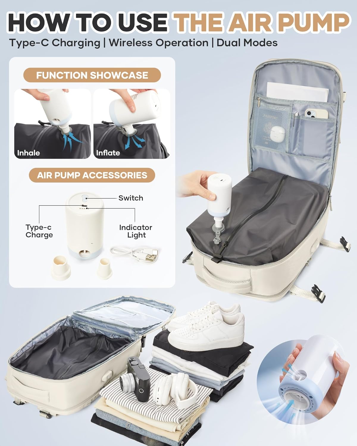 Vacuum Seal Travel Backpack with Air Pump,Compression Vacpack Waterproof Carry On Backpack for Travel Women Men with Vacuum System,Airlines Approved Daypack Laptop Space Saver Bags,Beige
