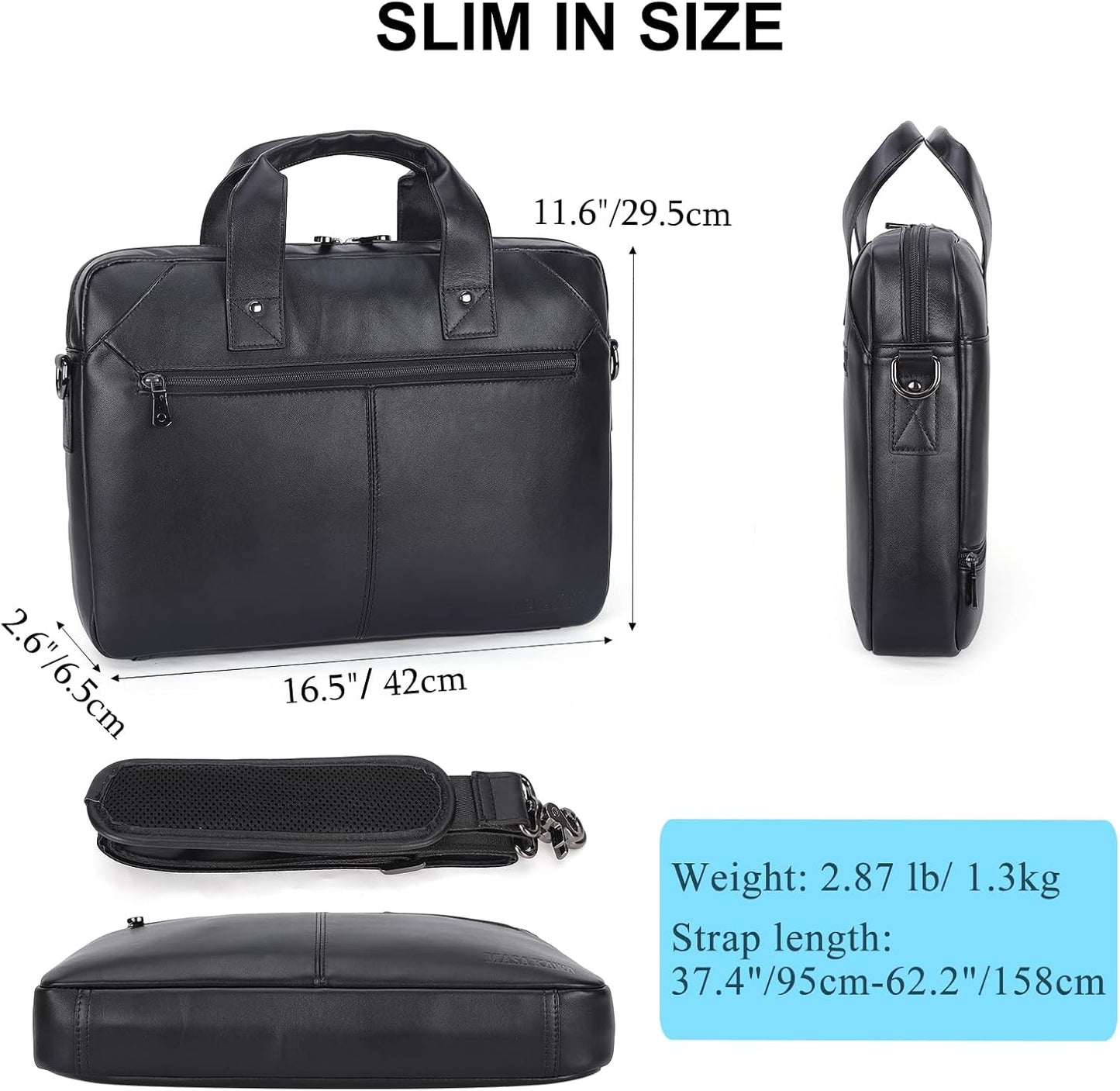 Masa Kawa Mens Leather Slim Briefcase for 16" Laptop Black Waterproof Crossbody Shoulder Messenger Computer Bag for Business Travel Office Work
