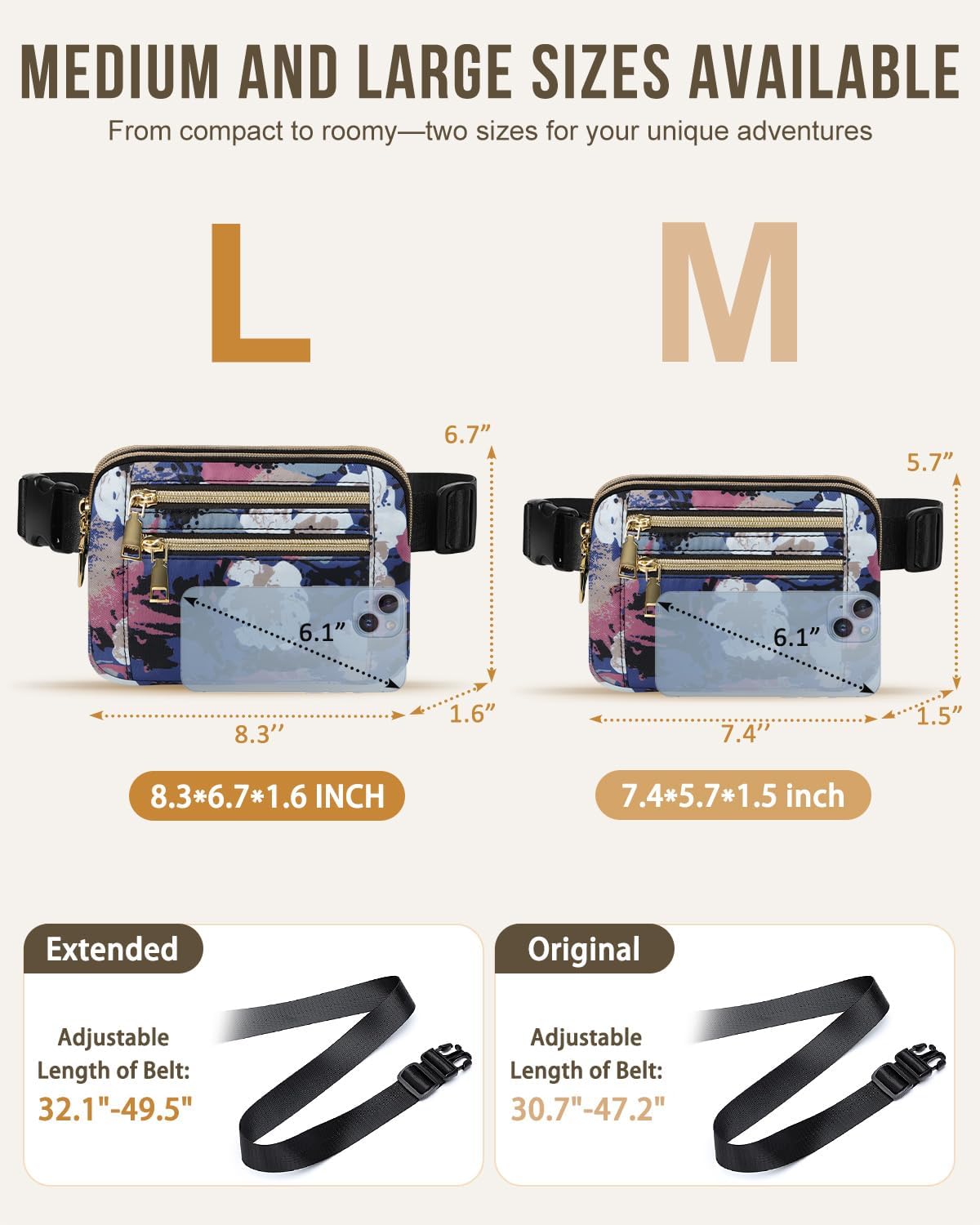 Capolo Fanny Packs for Women Fashion Waist Packs Bag with Adjustable Strap and 4 Zipper Pockets Waterproof Everywhere Crossbody Belt Bag for Workout Running Travelling(Watercolor Print, Large)