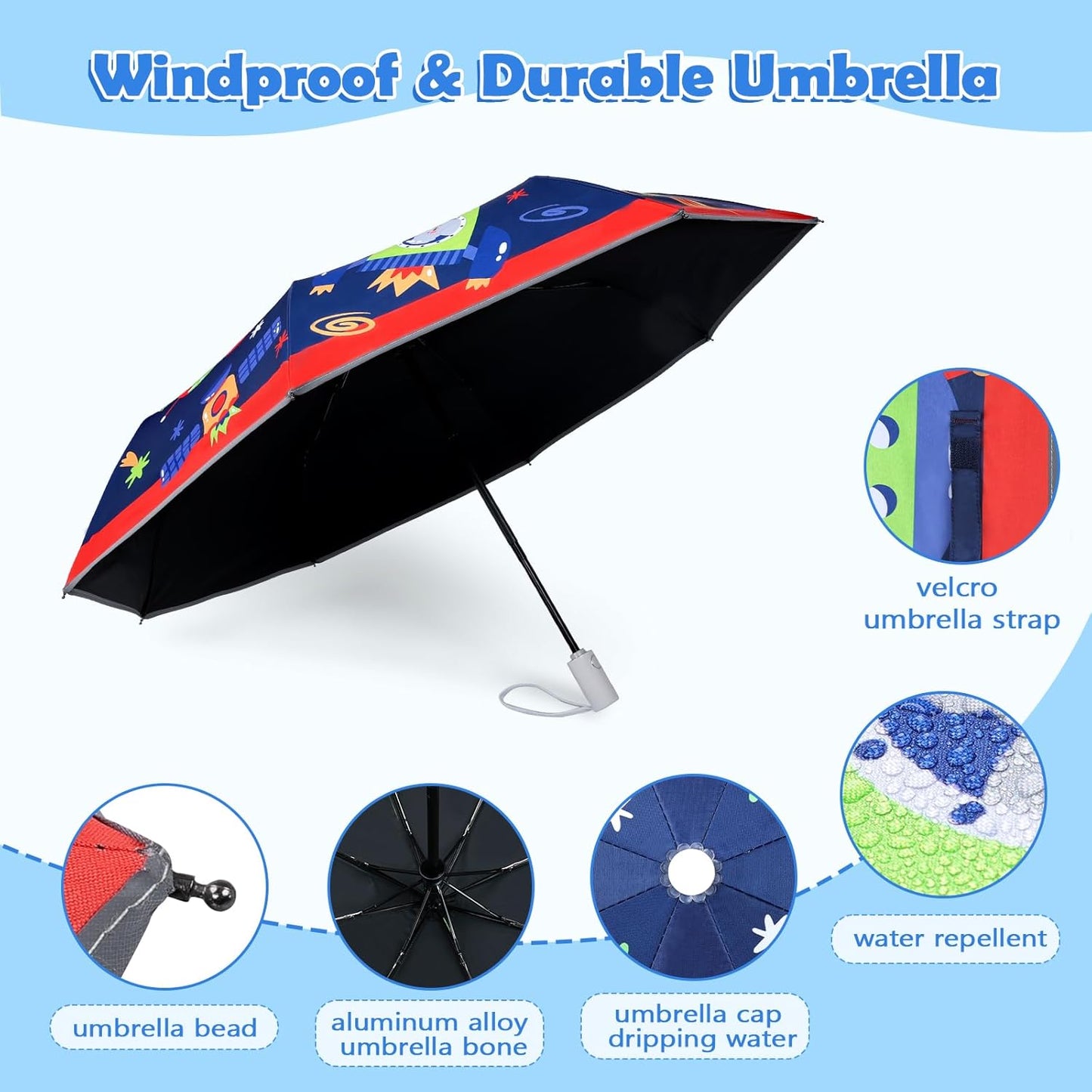 Kids Folding Umbrella Auto Open/Close Anti-rebound Safe Design UV Resistant Automatic Children Travel Umbrellas 8 Rib Reinforced Canopy 360° Reflective Strip Lightweight Cute Umbrella for Girls & Boys