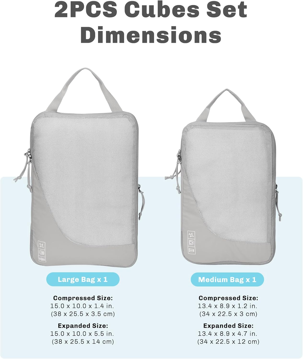 Hynes Eagle 6 Set/ 4 Set/ 2 Set Compression Packing Cubes Travel Essentials Lightweight Nylon Luggage Suitcase Organizer Bag Light Grey 2PCS