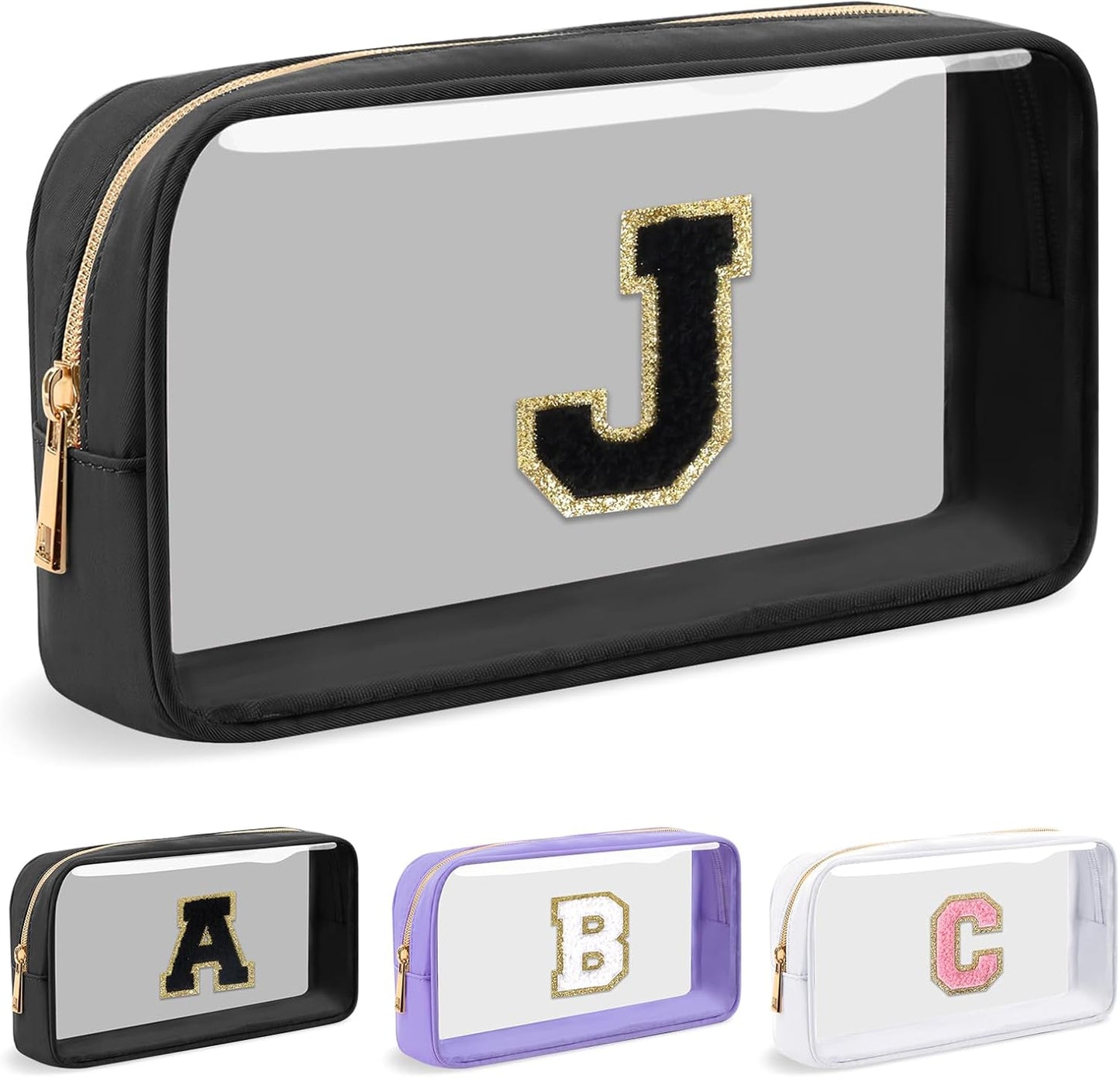 Personalized Initial Letter Clear Makeup Bag,Preppy Small Nylon&PVC Cosmetic Zipper Bag with Chenille Letter,Travel Skincare Toiletry Bag,Monogram Christmas Gift for Teen Girls Women,J