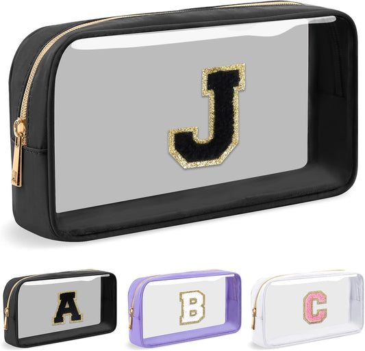 Personalized Initial Letter Clear Makeup Bag,Preppy Small Nylon&PVC Cosmetic Zipper Bag with Chenille Letter,Travel Skincare Toiletry Bag,Monogram Christmas Gift for Teen Girls Women,J