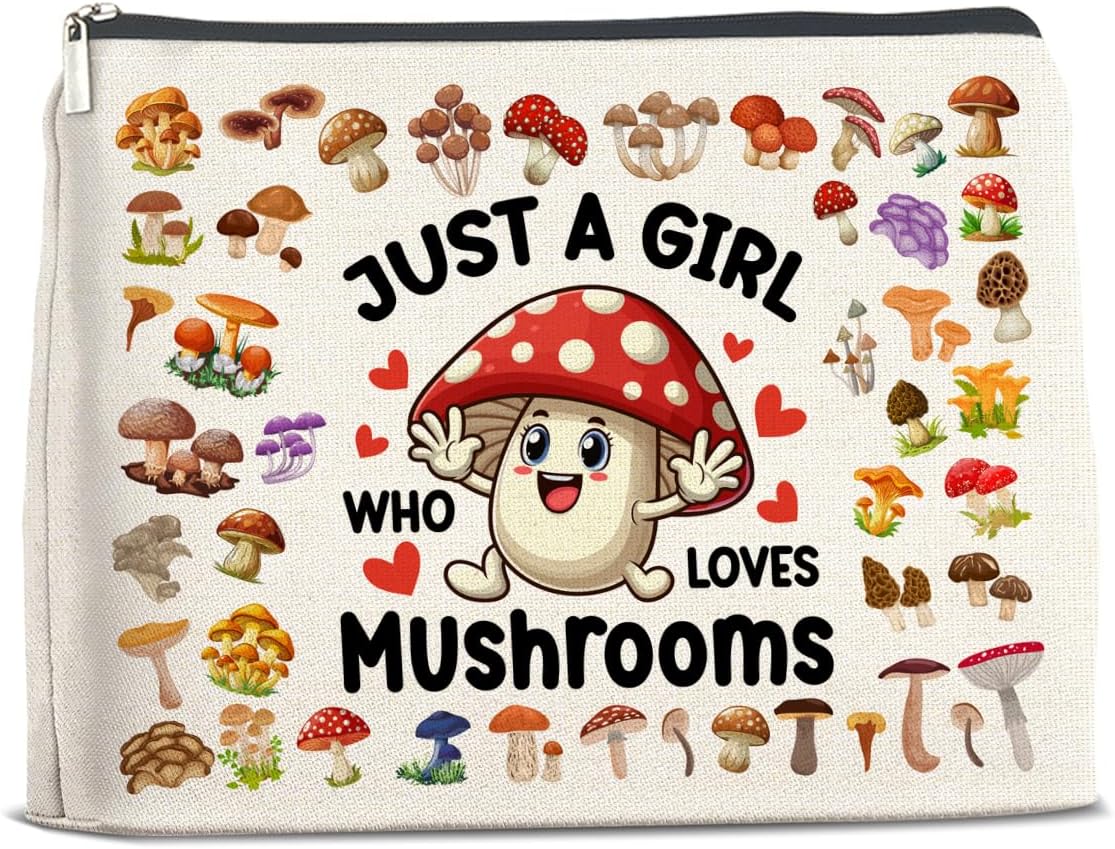 Mushroom Gifts Makeup Bag Mushroom Gifts for Women Teen Girls Sister Friend, Mushroom Lovers Gifts, Just a Girl Who Loves Mushrooms Zipper Makeup Pouch
