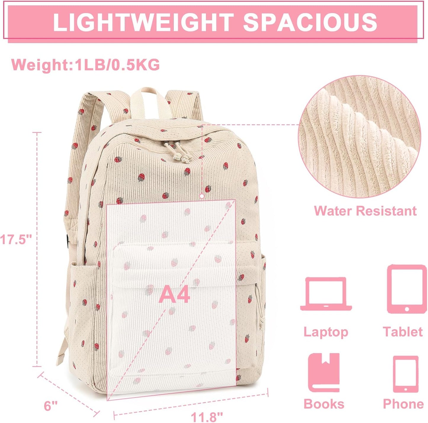 School Backpack for Teen Girls Bookbags Elementary High School Corduroy Laptop Bags Women Travel