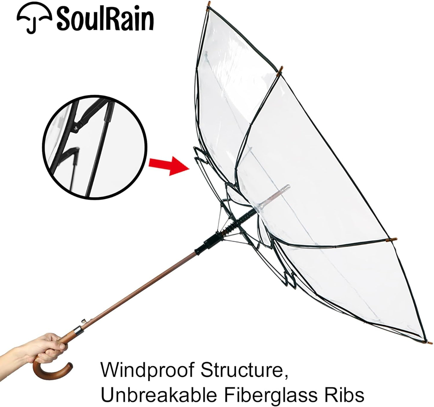 SoulRain 48" Clear Bubble Umbrella – Large Transparent Umbrella for Rain, Windproof & Automatic Open, Wedding Umbrellas for Women & Men, Vintage Stick Cane with Wooden Handle(Clear)