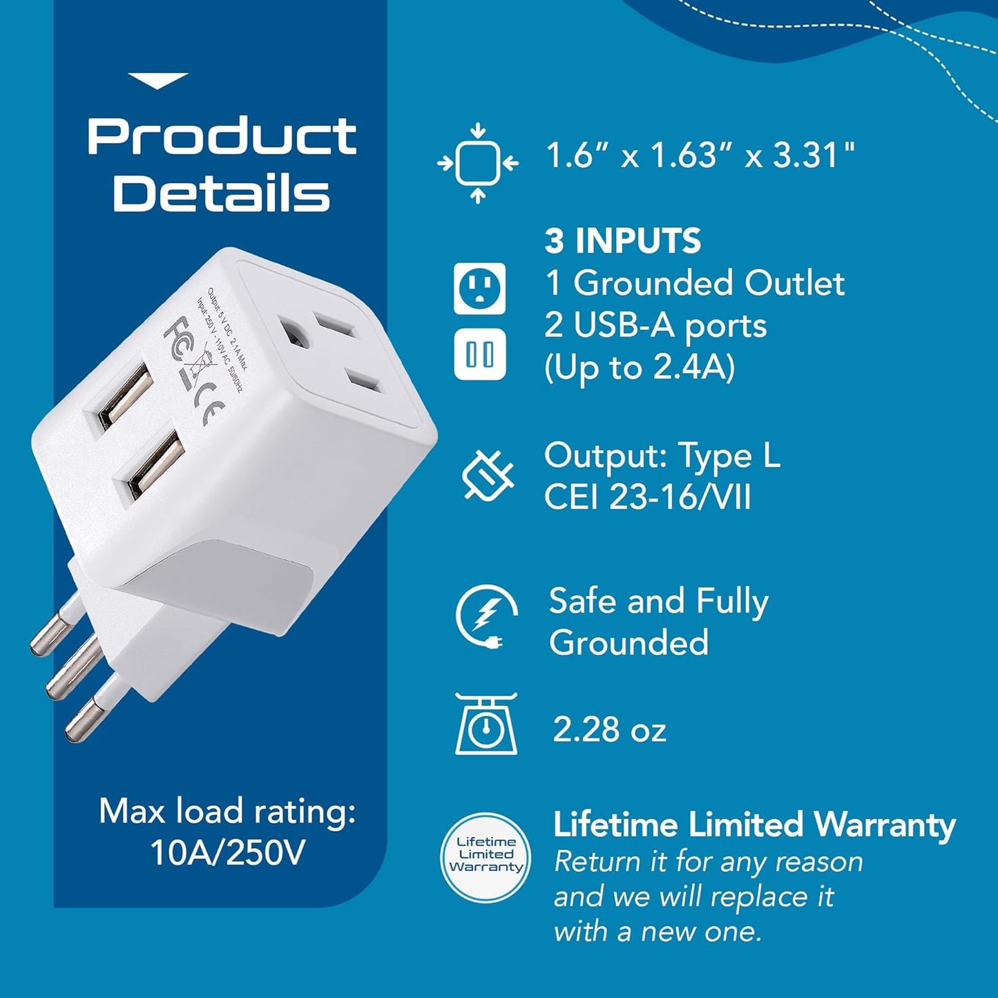 Ceptics Italy, Europe Travel Adapter Plug Set - 2 Pack - with 2 USB + USA Socket Input - Type L and Type C - Ultra Compact - Safe Grounded Perfect for Cell Phones, Laptops, Camera Chargers