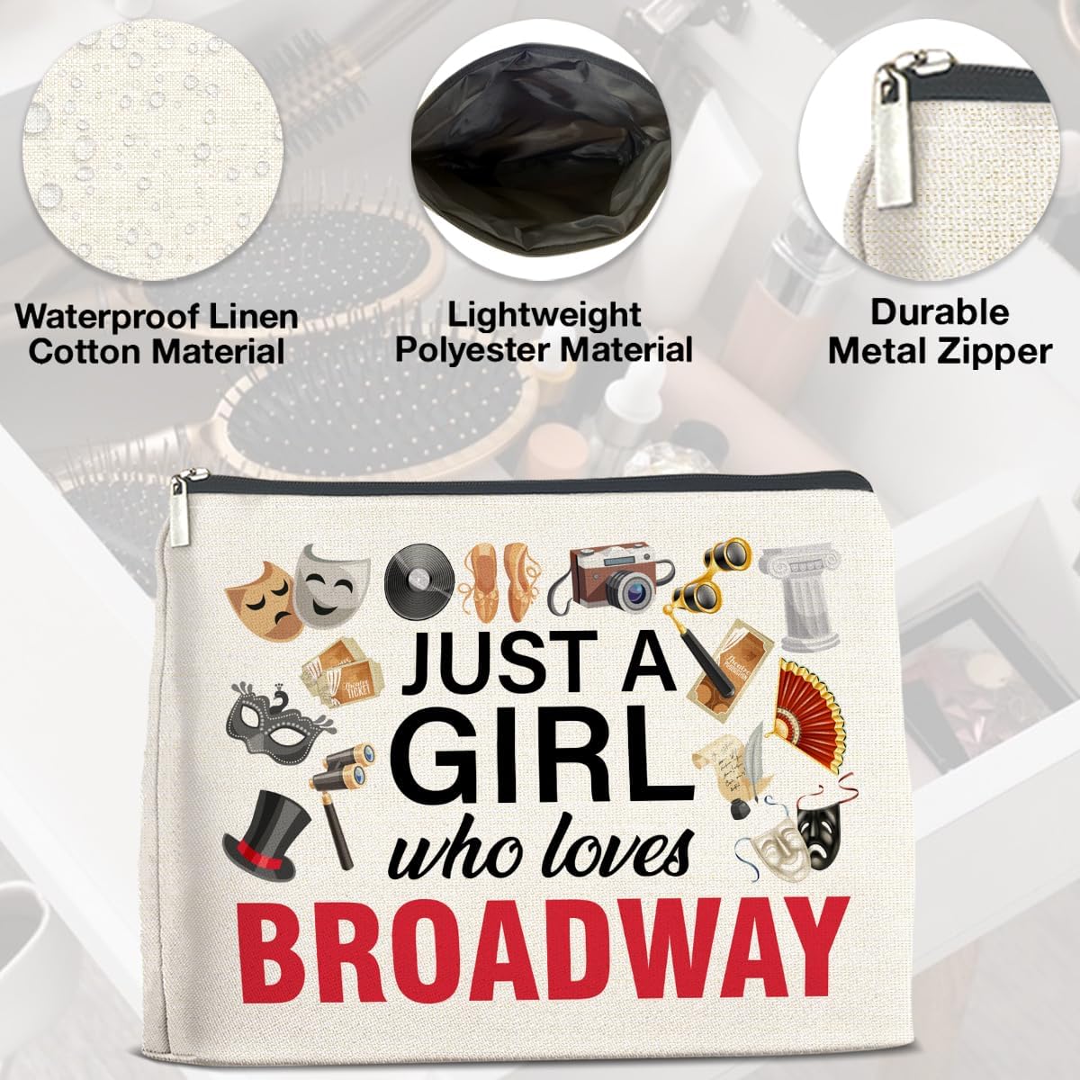 Broadway Gifts Makeup Bag Theater Gifts for Women Performer Cosmetic Bag Drama Gifts Just a Girl Who Loves Broadway Zipper Makeup Pouch, polychrome