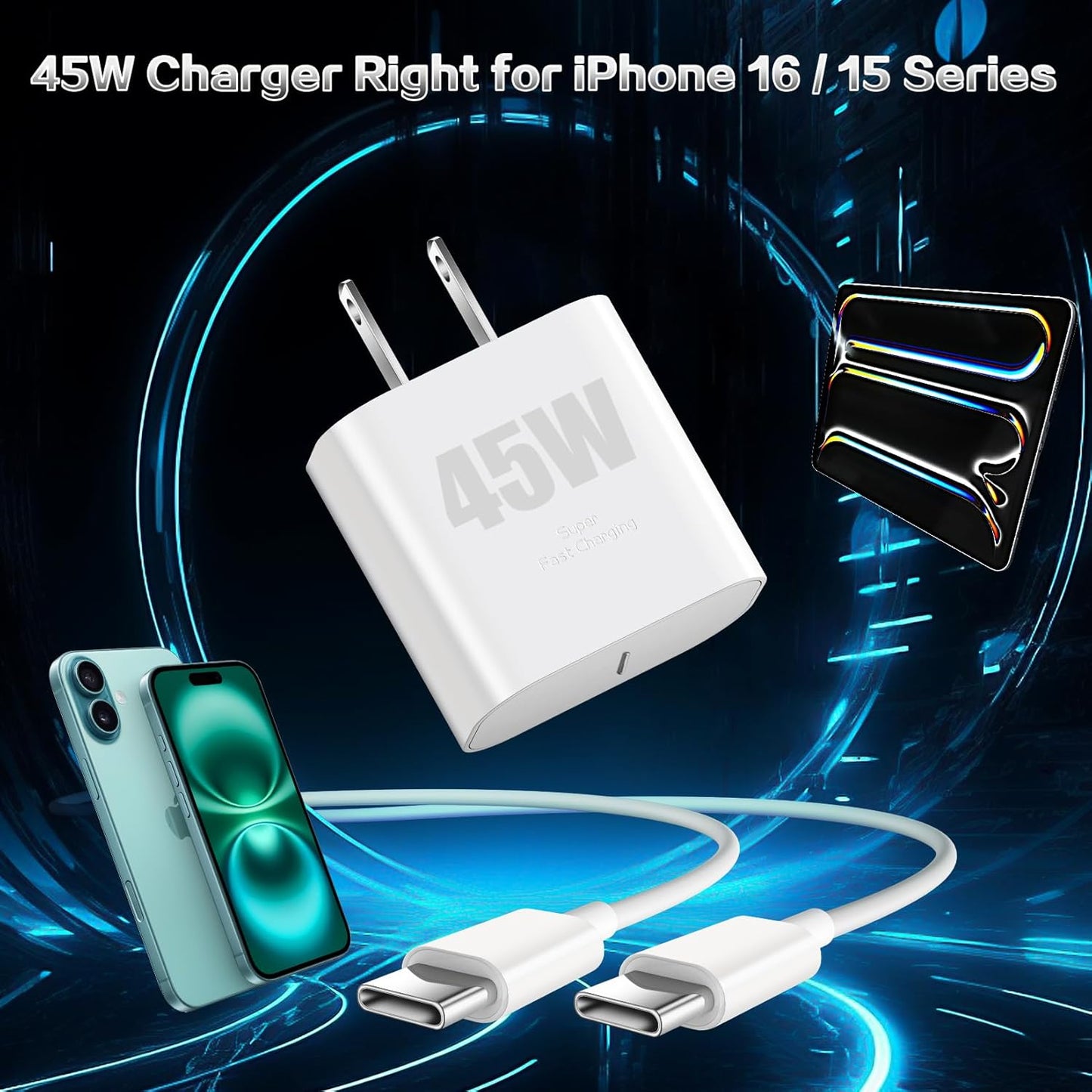 iPhone 17 16 Charger 45W Type C Charger Fast Charging Block,2Pack Quick USB C Phone Chargers 10FT Long USB C Charging Cable for iPhone 17/17 Pro/17 Pro Max/17 Air/16 Pro/16 Pro Max/16e/15/15 Pro Max