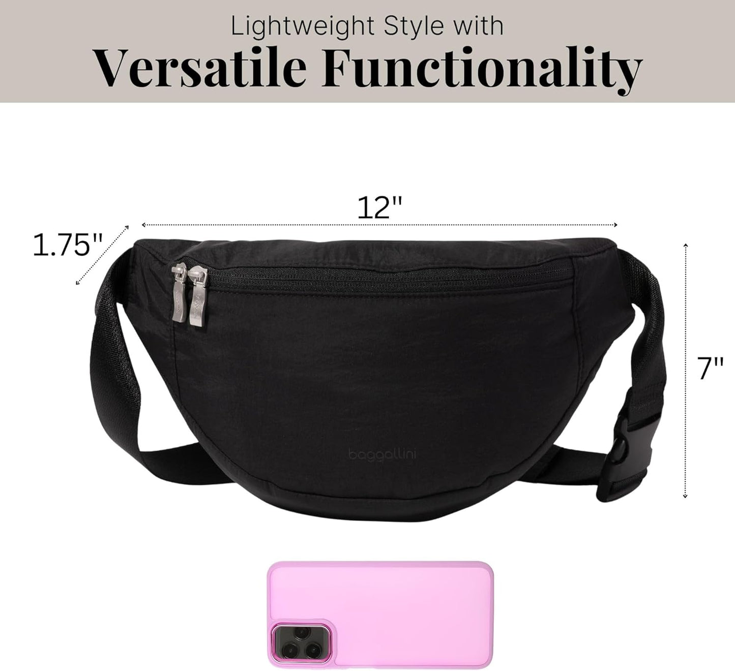 Baggallini Style Swift Belt Bag Sling Bag - Lightweight 12"x7" Crossbody Bag Fanny Pack Belt w/RFID