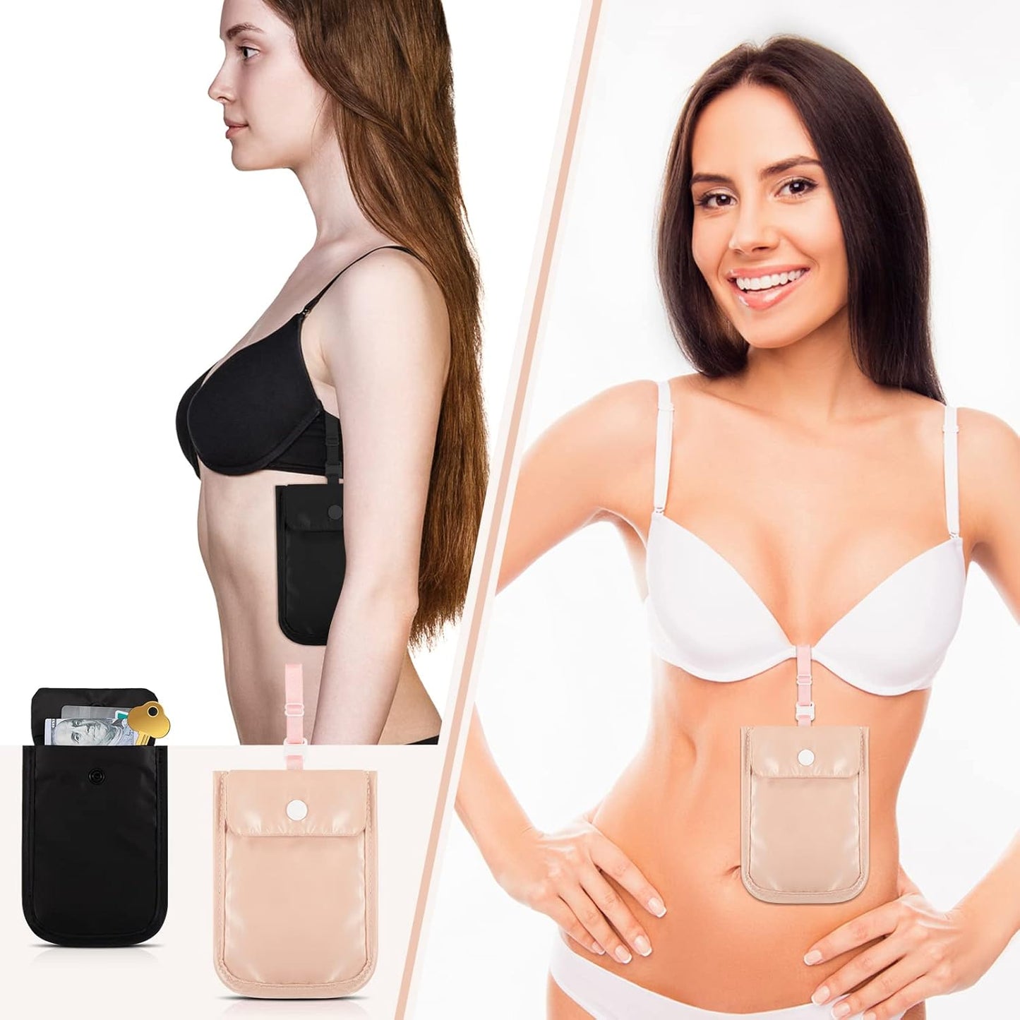 2 Pieces Travel Bra Wallet for Women Hidden Bra Wallet Pickpocket Proof Under Clothes Money Belt Pouch Secret for Passport Money Valuables(5.7 x 4.6 Inch,Black, Pink)