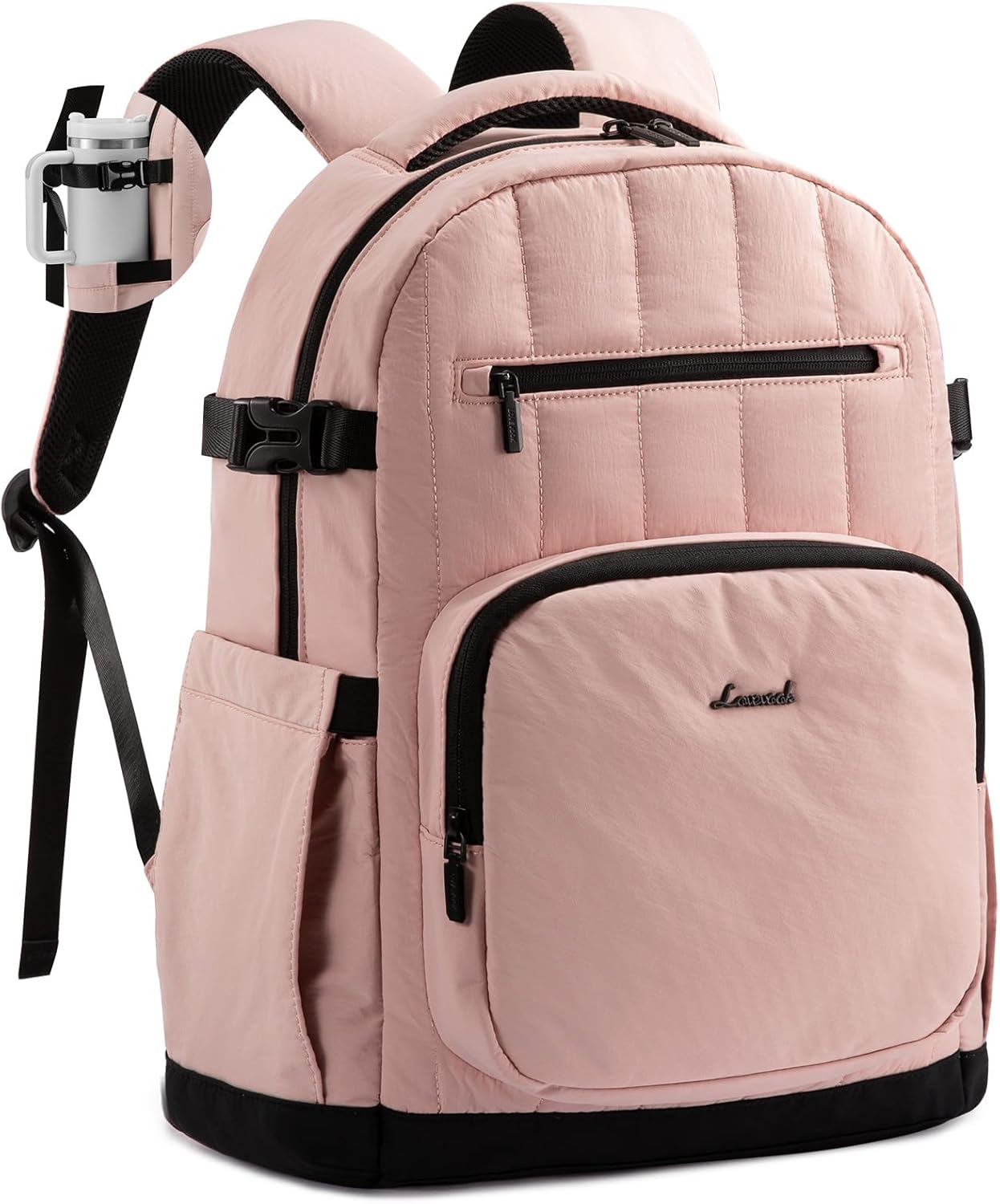 LOVEVOOK Laptop Backpack Women with Pouch Pocket for Large Capacity Cup,15.6 Inch Lightweight Puffer Computer Laptop Bag Quilted Travel Backpack Purse for Work College Teacher Personal Item,Pink-Black