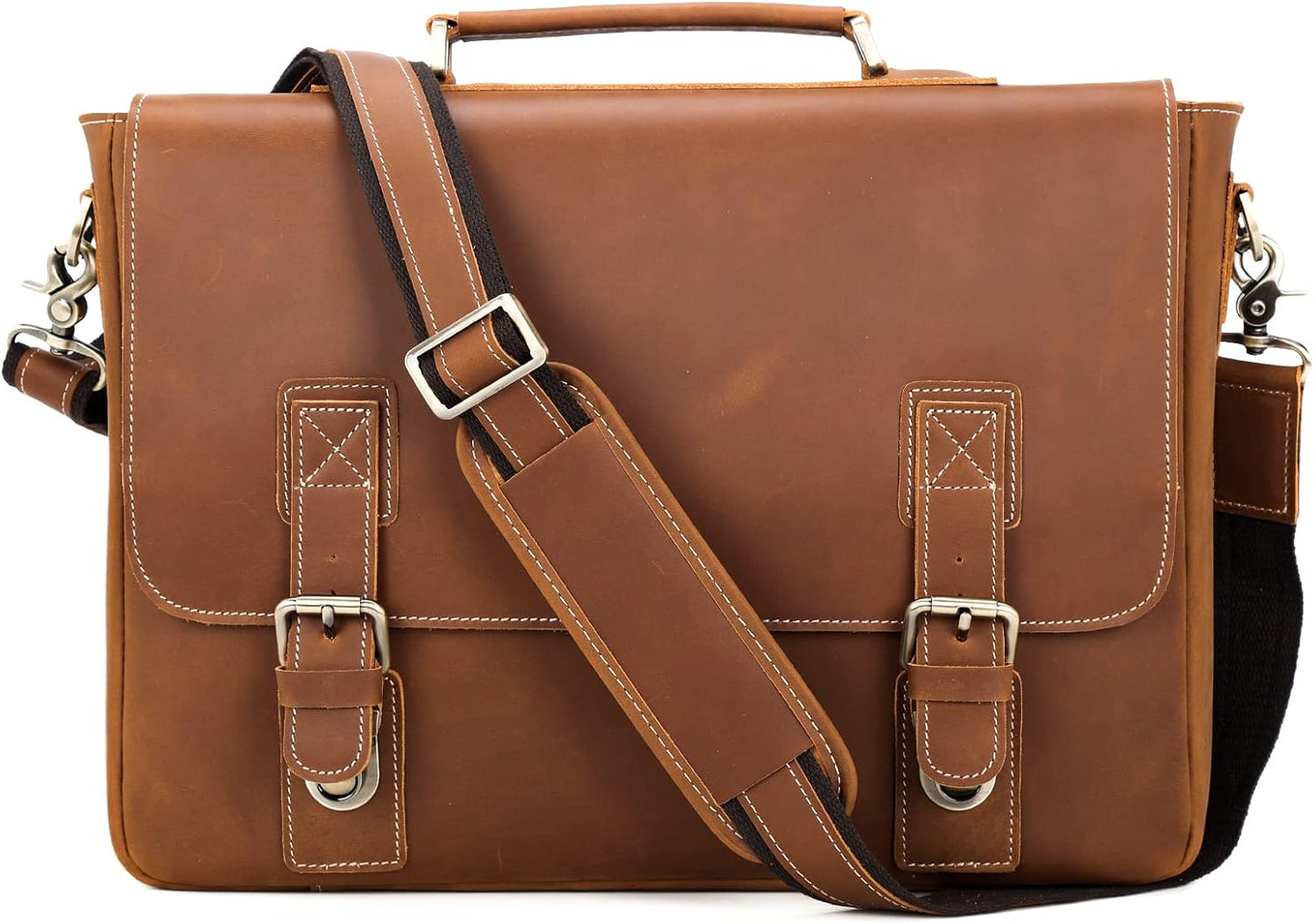 Polare Vintage Full Grain Leather Tote Briefcase Professional 16'' Laptop Shoulder Messenger Bag with YKK Metal Zippers (Light Brown)