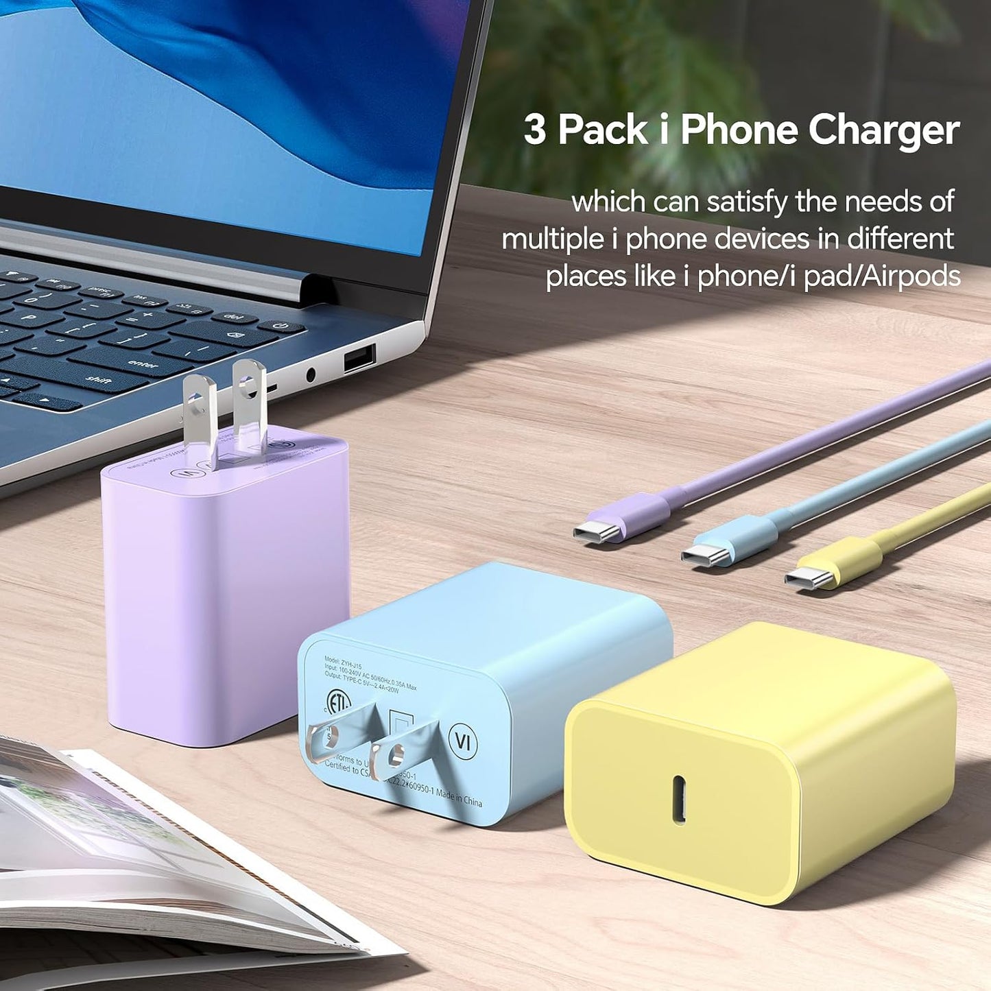 Compatible with iPhone 17/16/15 Charger Fast Charging, 3 Pack 20W USB C Colorful Charger Block with 10 FT USB-C to C Cable for Phone 17 16 15 Pro/Plus/Pro Max,Pad Pro 12.9/11 inch,Pad Air