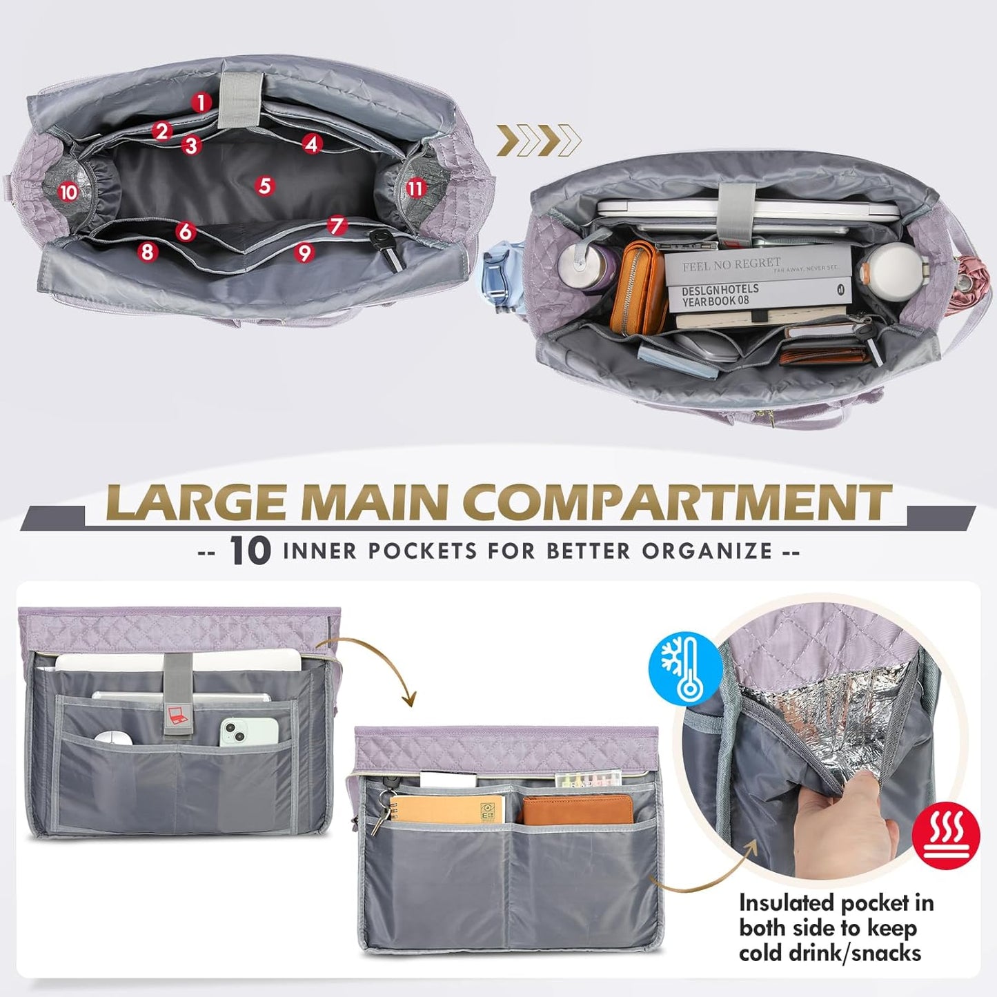 RAINSMORE Teacher Tote Bag 15.6 inch Laptop Bag for Women Work Bags Laptop Tote Nurse Bag Professional Computer Messenger with Insulated Pocket, Laptop Briefcase for Office, College, Gray Lilac