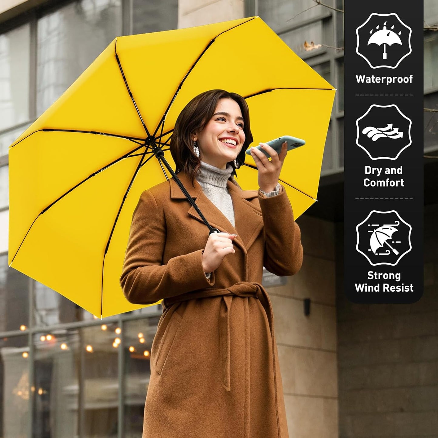 Windproof Travel Umbrella, Compact Umbrella, Car Umbrellas for Rain & Sun, 8 Fiberglass Ribs for Strong UV & Wind Resistance, Portable, Lightweight, Vent, Easy Automatic Open/Close