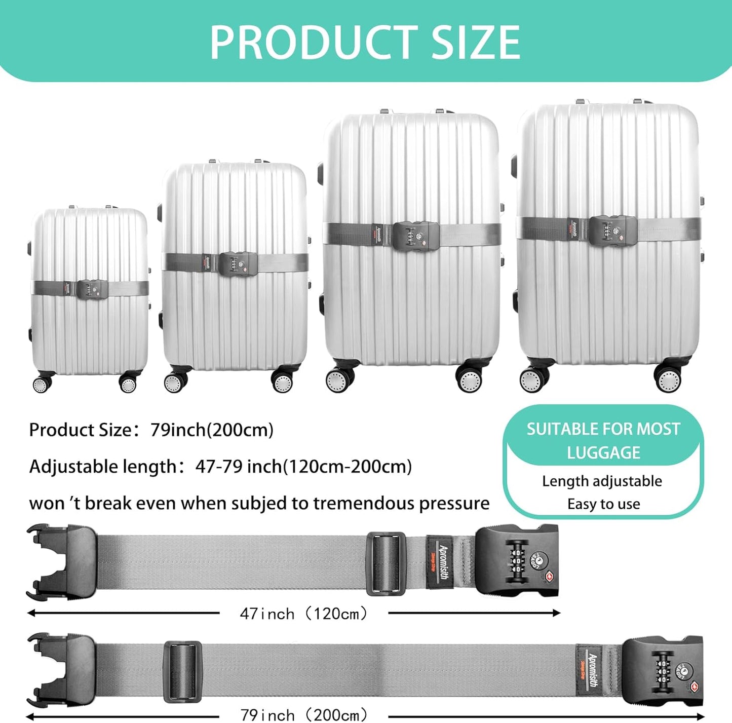 Luggage Strap Belt for 20"-32" Suitcase with TSA Approved 3-Dial Combination Lock Wide Adjustable Packing Straps Travel Accessories, Grey