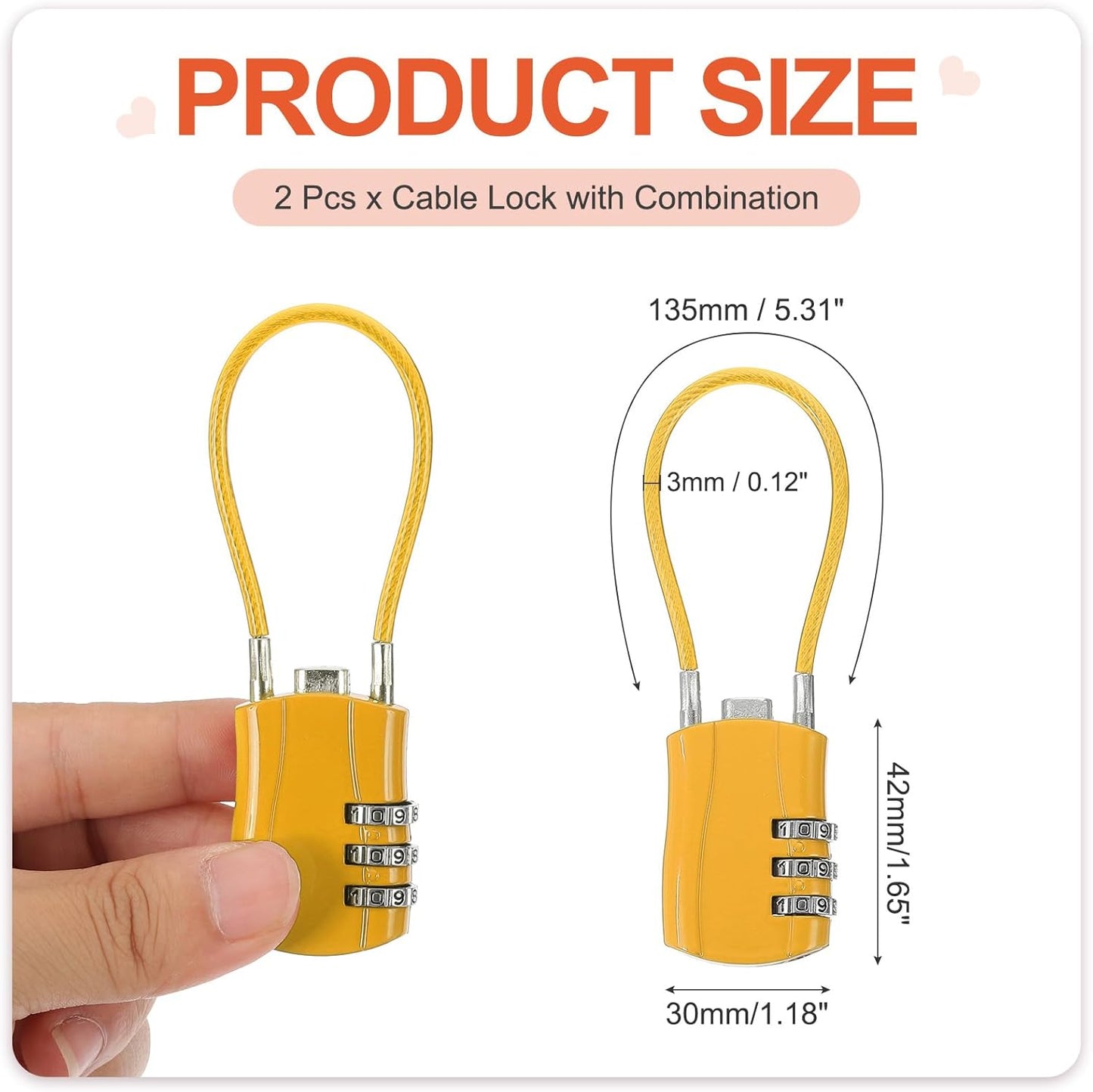 MECCANIXITY 2 Pcs Luggage Travel Lock, 3 Digit Cable Combination Lock 1-3/16" Width Body with 5" Long Cable for Suitcase Bag Cabinets Small Fences Gym, Yellow