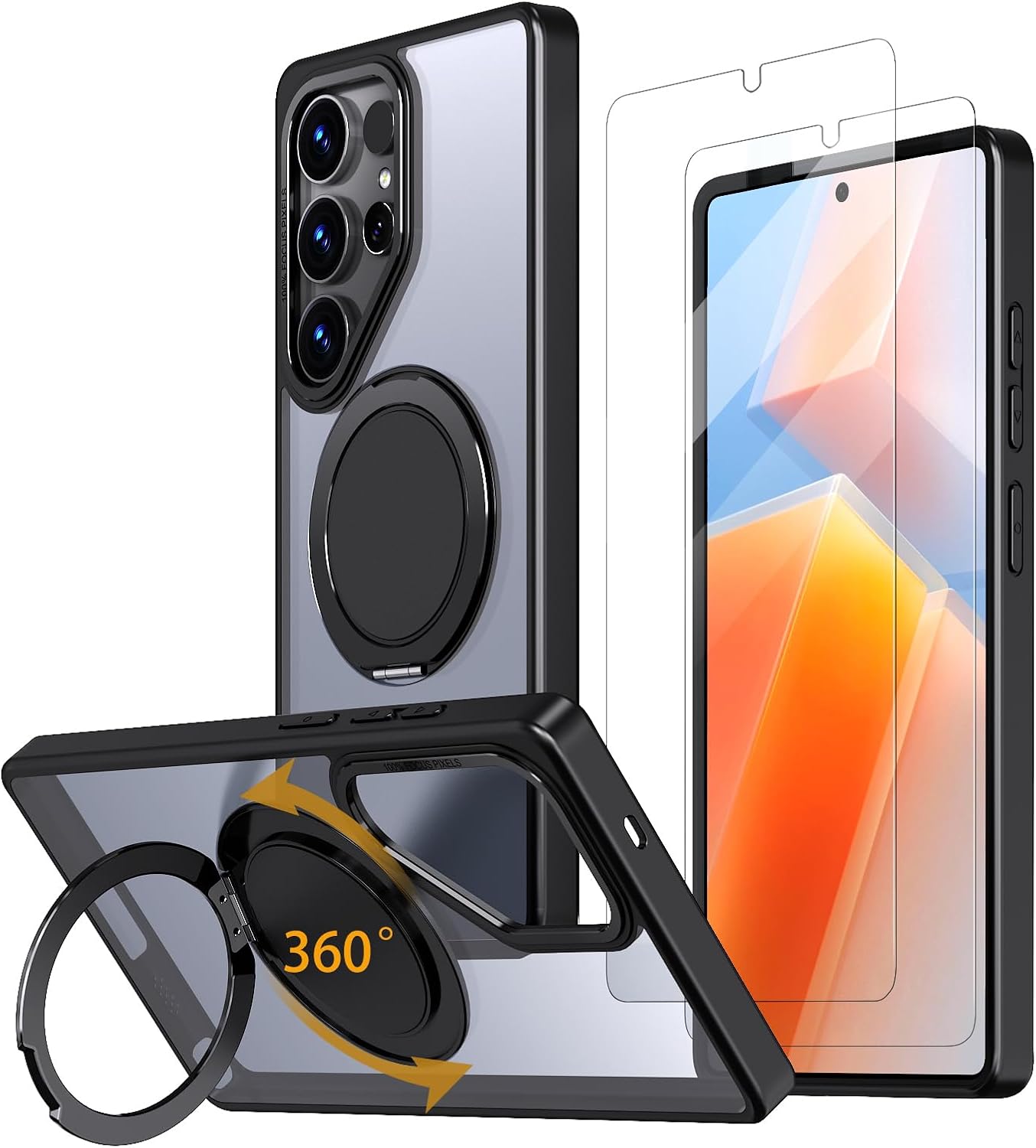 Magnetic Stand Case for Samsung Galaxy S25 Ultra [with 2 Tempered Glass Film] [360° Rotation Magnetic Stand] [Compatible with Magsafe] Military-Grade Drop Protection Case, Black