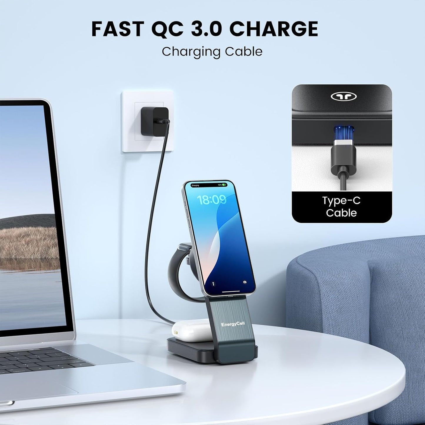 3-in-1 Wireless Charging Station for Apple Devices, 15W Wireless Charger for iPhone 16/15/14/13/12, Apple Watch, AirPods, Magnetic Foldable Fast Charger Apple Charging Station (Black)