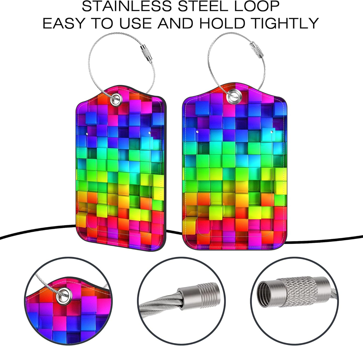 2 Pack Luggage Tags for Suitcase,Bright Colorful Blocks PU Leather Idea Baggage Tag with Name Labels Privacy Cover Metal Ring Men and Women Travel Cruise Labels