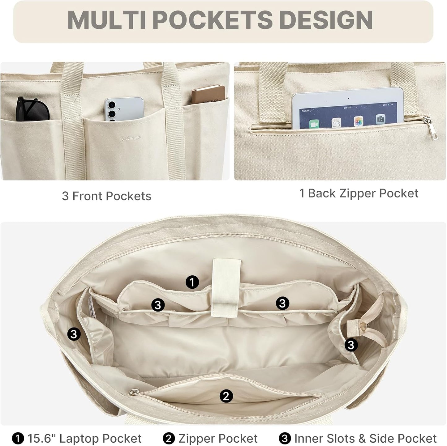 G4Free Large Canvas Tote Bag for Women with Zipper Fit 15.6" Laptop, Everything Tote Bags with Pockets for Work, Travel